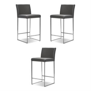Home Square 26&quot Leather and Stainless Steel Counter Stool in Gray - Set of 3