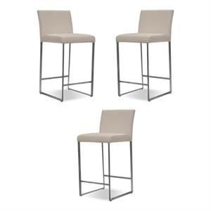 Home Square 26&quot Leather Counter Stool with Stainless Steel in Pewter - Set of 3