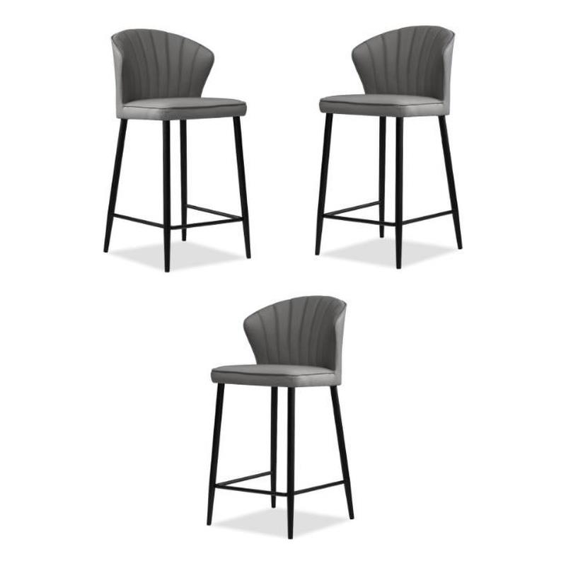 Home Square Counter Stool Smoke Leather in Black Legs - Set of 3