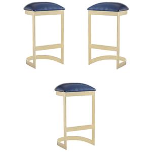 Home Square 29&quot Faux Leather Barstool in Blue & Polished Brass - Set of 3