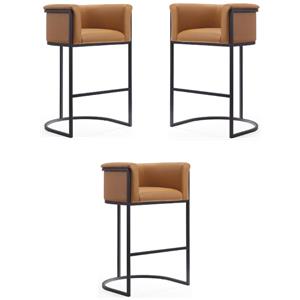 Home Square 38&quot Faux Leather Barstool in Camel Brown & Black - Set of 3