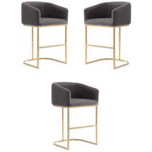 Home Square 26&quot Faux Leather Counter Stool in Gray & Titanium Gold - Set of 3