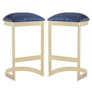 Home Square 29&quot Faux Leather Barstool in Blue & Polished Brass - Set of 2