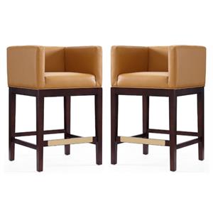 Home Square 34&quot Faux Leather Barstool in Camel Brown & Dark Walnut - Set of 2