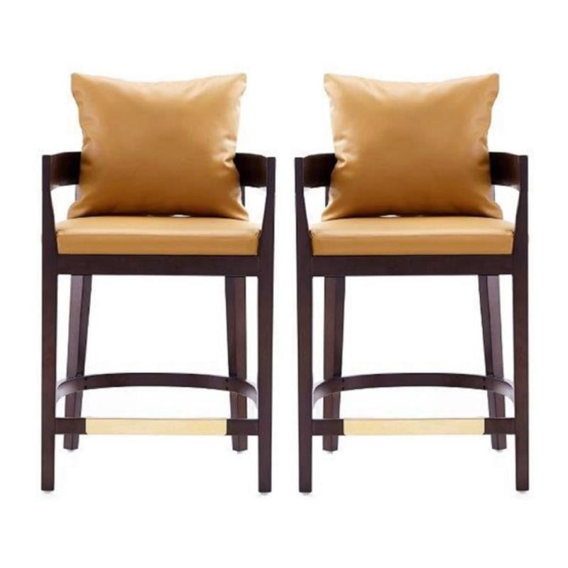 Home Square Faux Leather Barstool in Camal & Dark Walnut - Set of 2