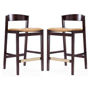 Home Square 37&quot Faux Leather Barstool in Camel Brown & Dark Walnut - Set of 2