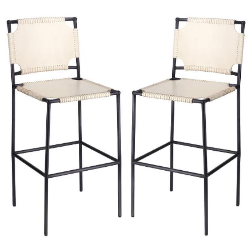 Home Square Transitional Leather Bar Stool in Off White - Set of 2