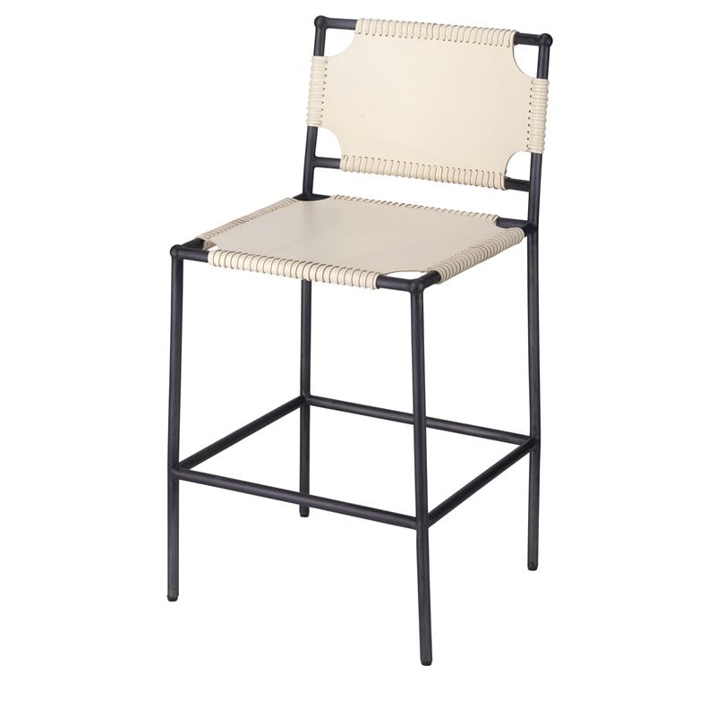 Home Square Transitional Leather Counter Stool in Off White - Set of 2