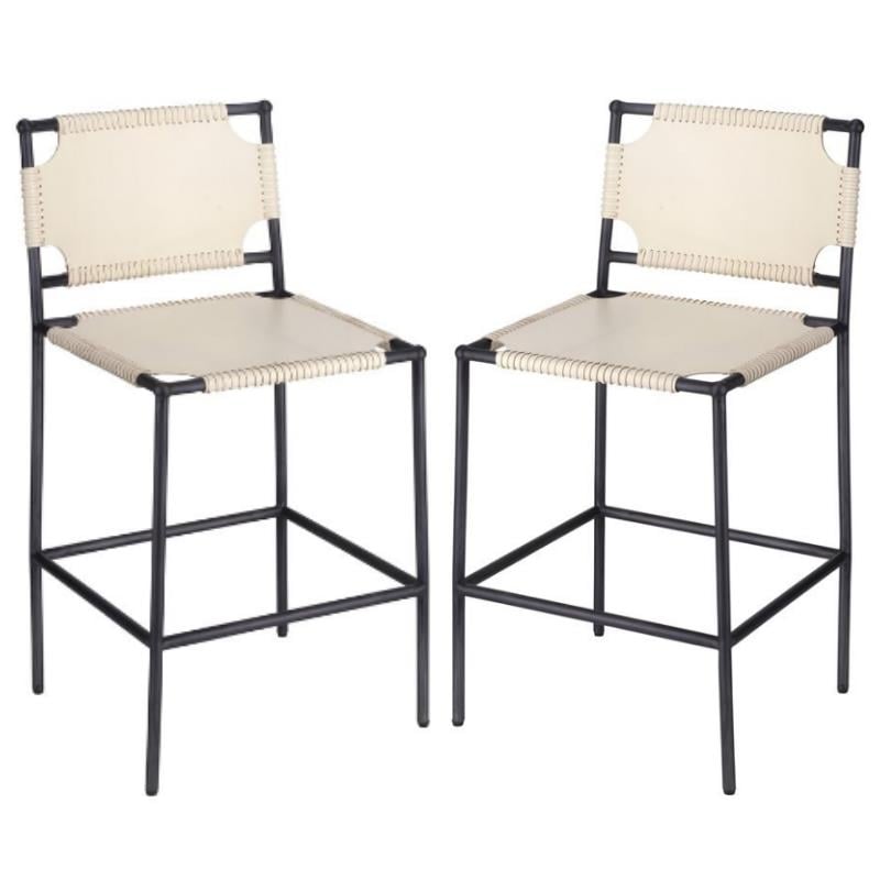 Home Square Transitional Leather Counter Stool in Off White - Set of 2