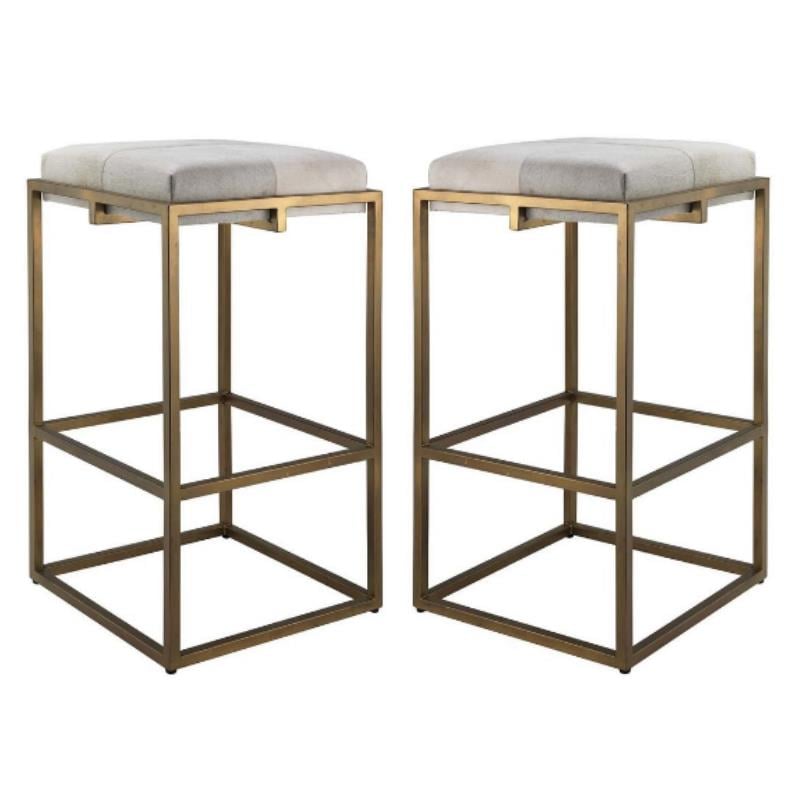 Home Square Modern Steel Metal & Hide Bar Stool in Antique Brass - Set of 2