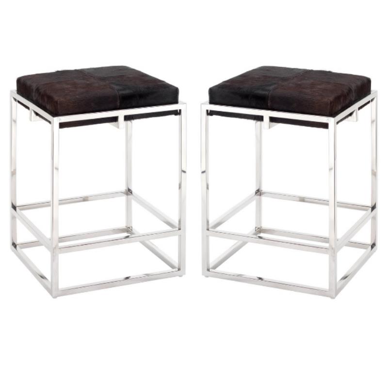 Home Square Stainless Steel Hide Counter Stool in Nickel & Espresso - Set of 2