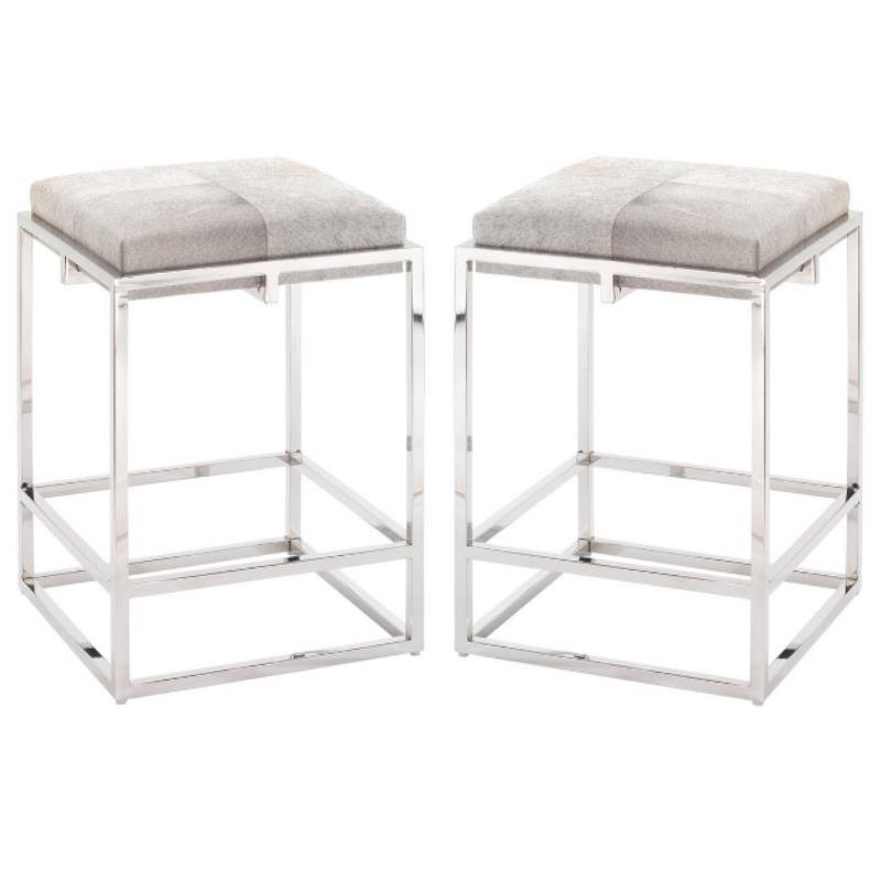 Home Square Modern Stainless Steel Hide Counter Stool in Nickel Gray - Set of 2