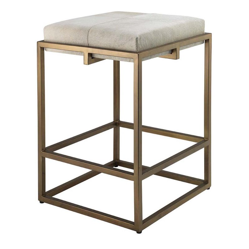 Home Square Modern Steel Metal Hide Counter Stool in Antique Brass - Set of 2