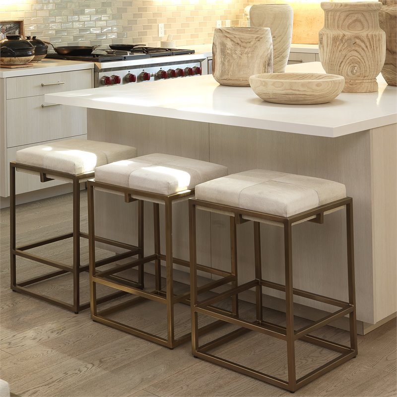 Home Square Modern Steel Metal Hide Counter Stool in Antique Brass - Set of 2