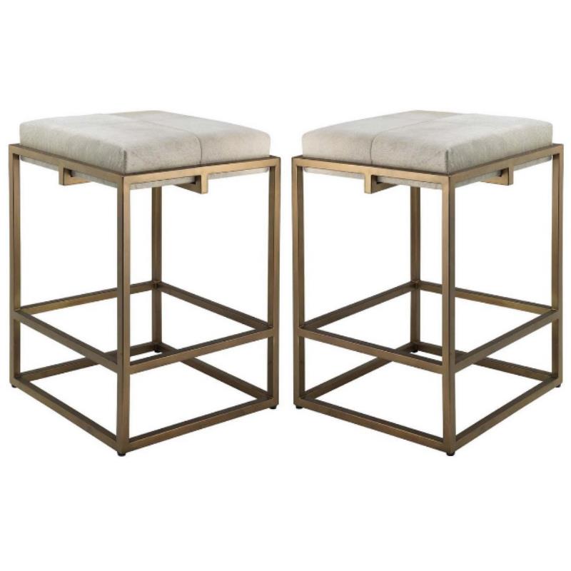 Home Square Modern Steel Metal Hide Counter Stool in Antique Brass - Set of 2