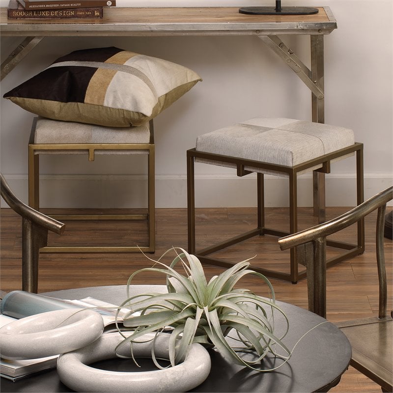Home Square Traditional Metal & Leather Hide Stool in Nickel & White - Set of 2