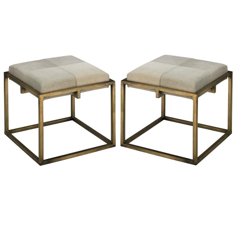 Home Square Traditional Metal & Leather Hide Stool in Nickel & White - Set of 2