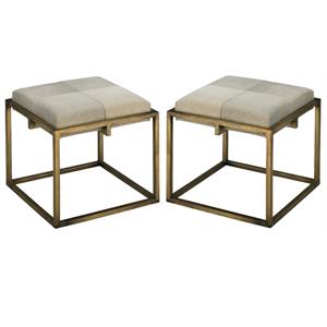 Home Square Traditional Metal & Leather Hide Stool in Nickel & White - Set of 2