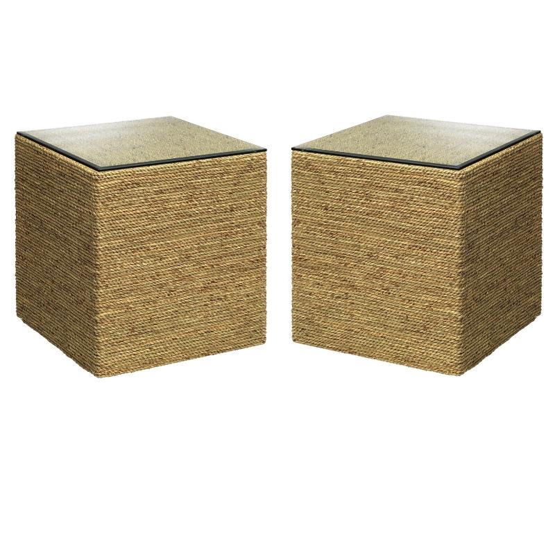 Home Square Square Coastal Glass Side Table in Natural - Set of 2
