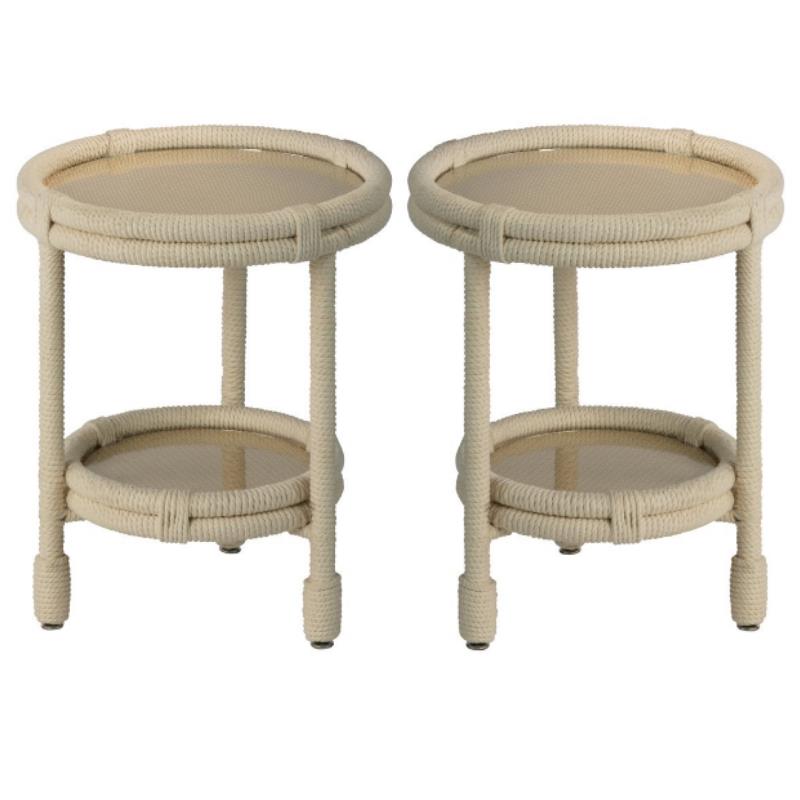 Home Square 2-Shelf Coastal Rattan & Rope Side Table in White - Set of 2