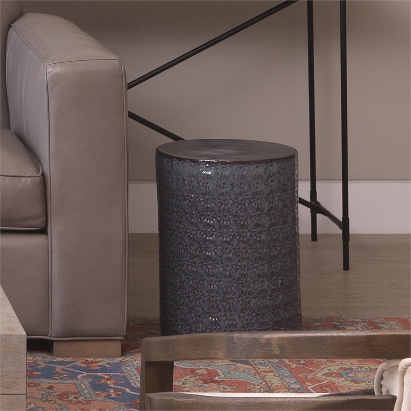 Home Square Wildflower Coastal Ceramic Side Table in Dark Blue - Set of 2