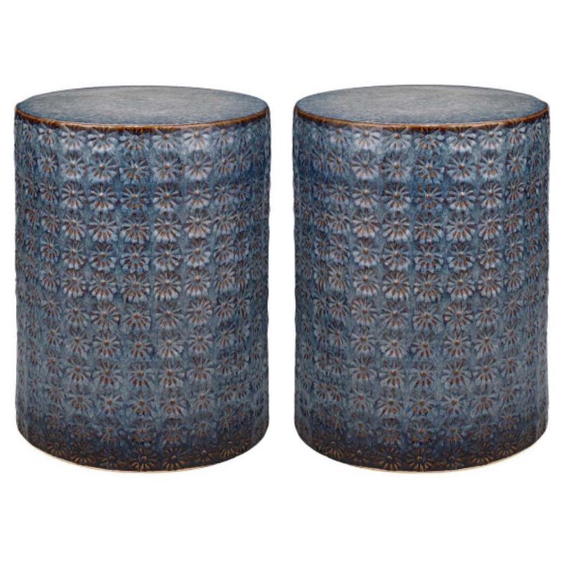 Home Square Wildflower Coastal Ceramic Side Table in Dark Blue - Set of 2