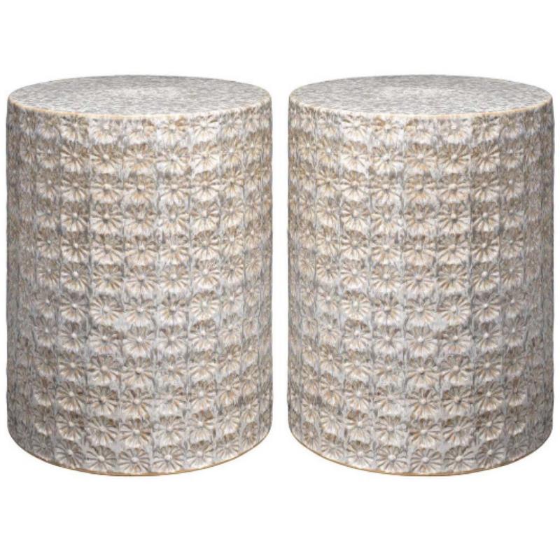 Home Square Wildflower Coastal Ceramic Side Table in Cream - Set of 2