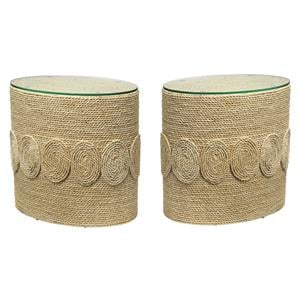 Home Square Oval Corn Straw Rope Glass Side Table in Off White - Set of 2