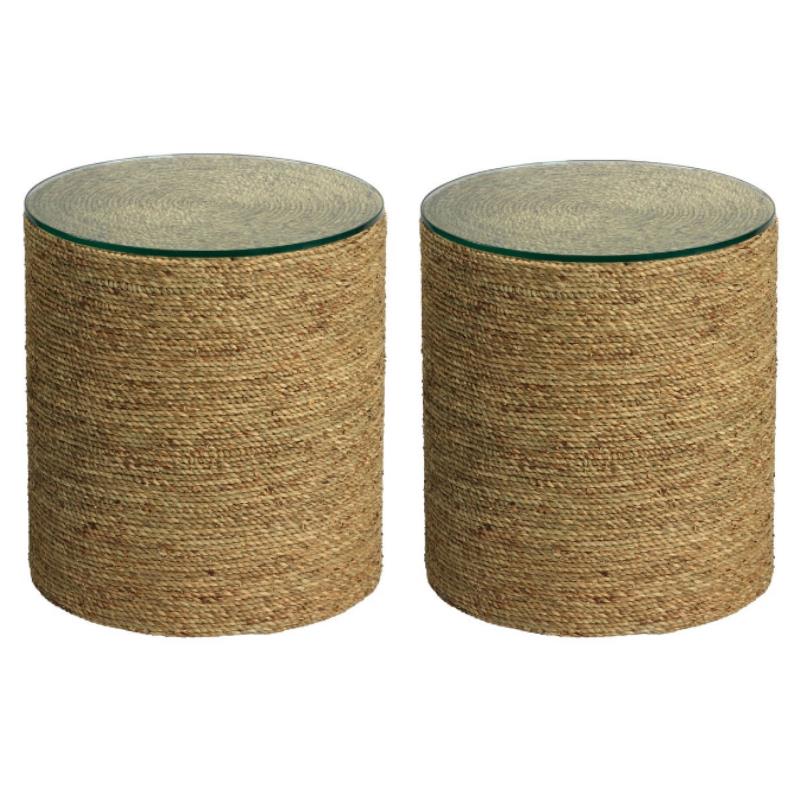 Home Square Transitional Glass & Sea Grass Side Table in Natural Sea - Set of 2