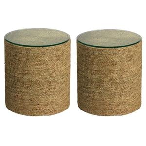 Home Square Transitional Glass & Sea Grass Side Table in Natural Sea - Set of 2