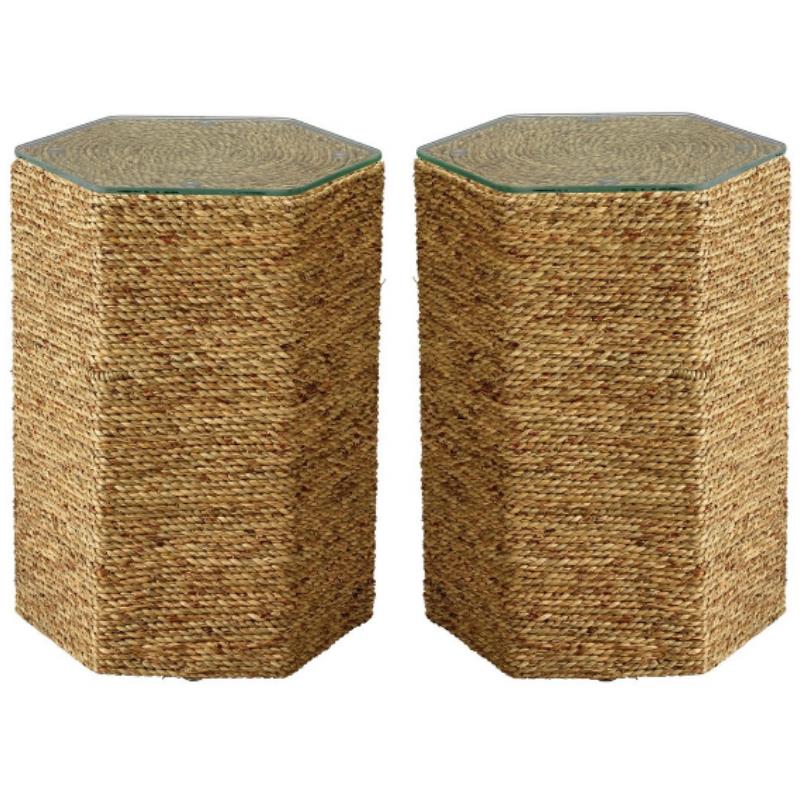 Home Square Coastal Glass & Sea Grass Side Table in Natural - Set of 2