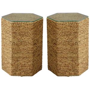 Home Square Coastal Glass & Sea Grass Side Table in Natural - Set of 2