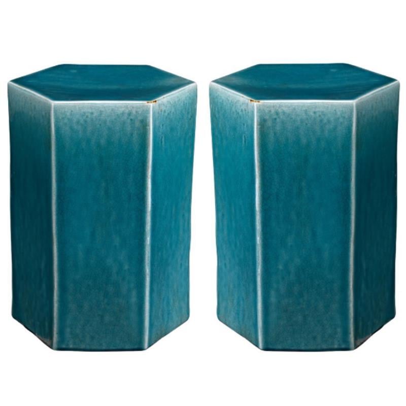 Home Square Large Transitional Ceramic Side Table in Azure Blue - Set of 2
