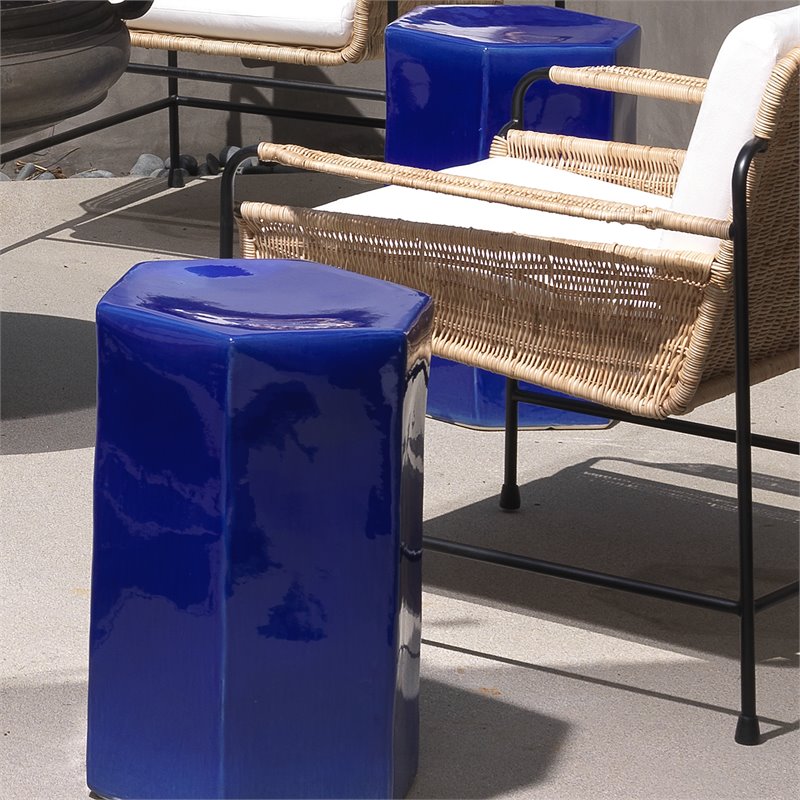 Home Square Large Coastal Ceramic Side Table in Cobalt Blue - Set of 2