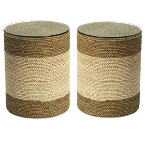 Home Square Straw Rope and Glass Side Table in Natural - Set of 2