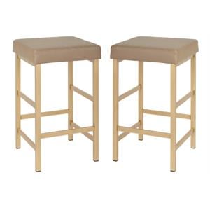Home Square 26&quot Gold Backless Stool in Camel Brown Faux Leather - Set of 2