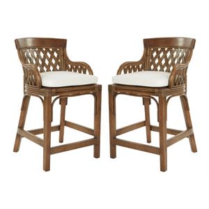 Home Square 27&quot Stained Wood Rattan Frame Counter Stool in Brown - Set of 2