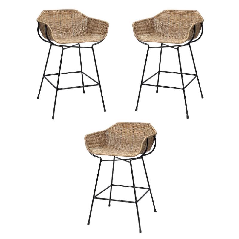 Home Square Metal & Rattan Counter Stool in Black & Natural - Set of 3