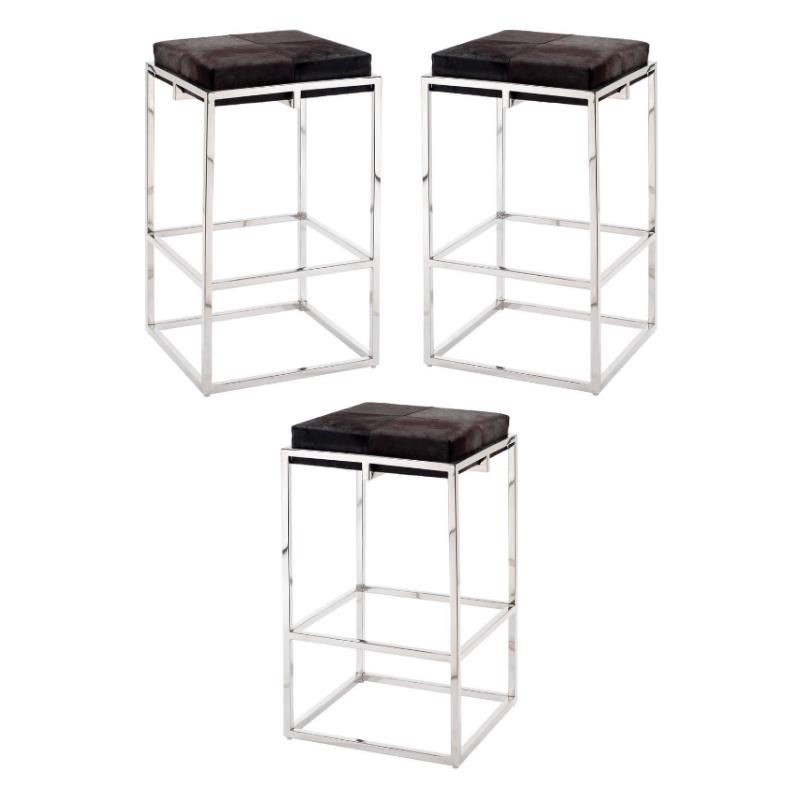 Home Square Stainless Steel Hide Bar Stool in Nickel & Espresso - Set of 3