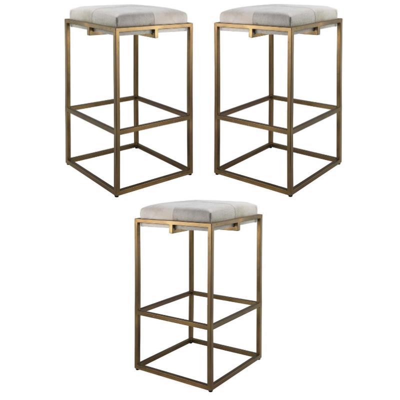 Home Square Modern Steel Metal & Hide Bar Stool in Antique Brass - Set of 3