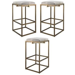 Home Square Modern Steel Metal & Hide Bar Stool in Antique Brass - Set of 3