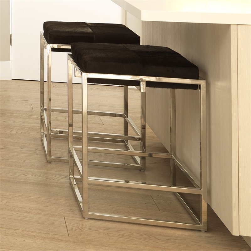 Home Square Stainless Steel Hide Counter Stool in Nickel & Espresso - Set of 3