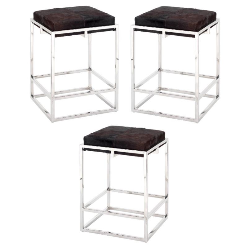 Home Square Stainless Steel Hide Counter Stool in Nickel & Espresso - Set of 3