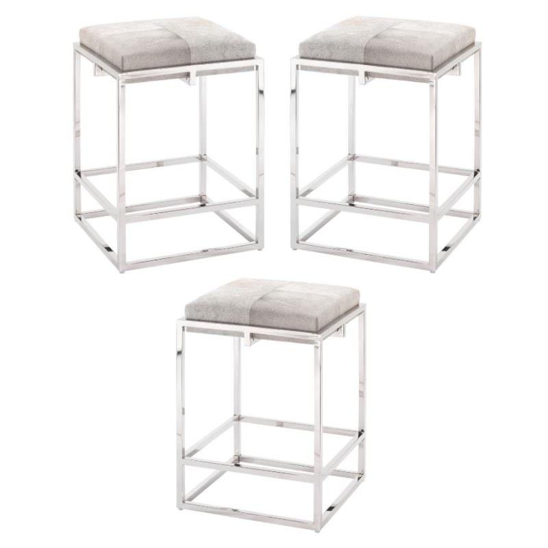 Home Square Modern Stainless Steel Hide Counter Stool in Nickel Gray - Set of 3
