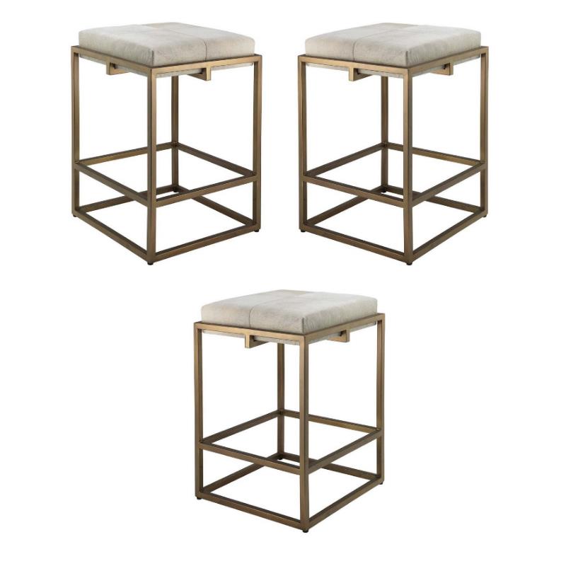 Home Square Modern Steel Metal Hide Counter Stool in Antique Brass - Set of 3