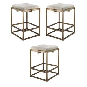 Home Square Modern Steel Metal Hide Counter Stool in Antique Brass - Set of 3