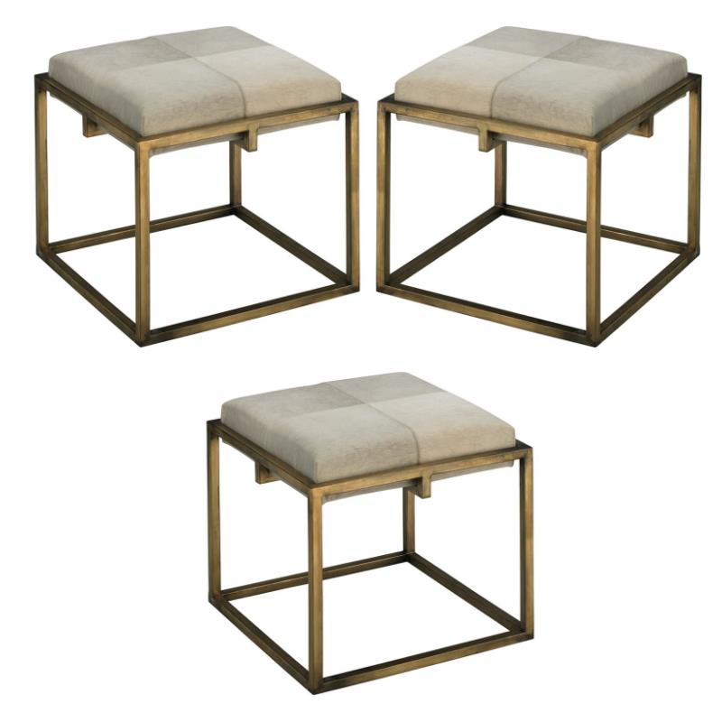 Home Square Traditional Metal & Leather Hide Stool in Nickel & White - Set of 3