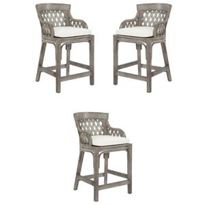 Home Square 24&quot Wood Rattan Frame Counter Stool in Gray Finish - Set of 3