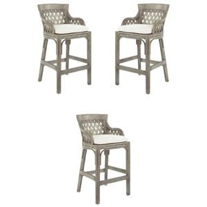 Home Square Wood Rattan Frame Bar Stool in Gray Finish - Set of 3