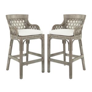 Home Square Wood Rattan Frame Bar Stool in Gray Finish - Set of 2